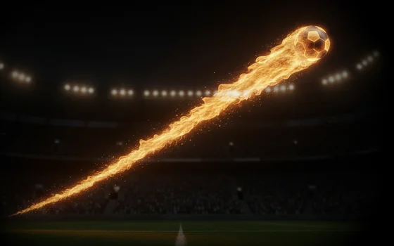 Ilustración estilizada de un balón de fútbol en llamas sobrevolando un estadio iluminado, que simboliza el multiplicador creciente del juego crash Betiator