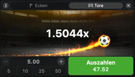Widget de Betiator con las pestañas Ecken y Tore, multiplicador 1,5044x, apuesta de 5,00 y botón verde activo «Auszahlen €7,52»