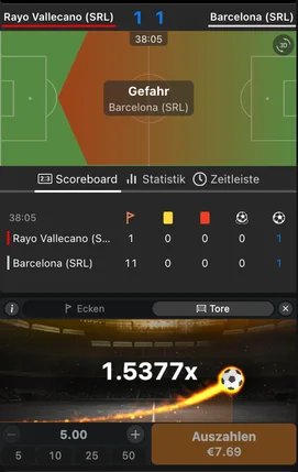 Marcador del partido con el aviso «Gefahr» durante un ataque de Barcelona (SRL) con el resultado 1:1, y debajo el widget de Betiator con multiplicador 1,5377x y el botón en gris «Auszahlen €7,69»