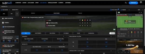 Página del partido en directo de Slotimo para el encuentro Rayo Vallecano – Barcelona (SRL) con el widget de Betiator en la columna derecha y multiplicador 1,5974x